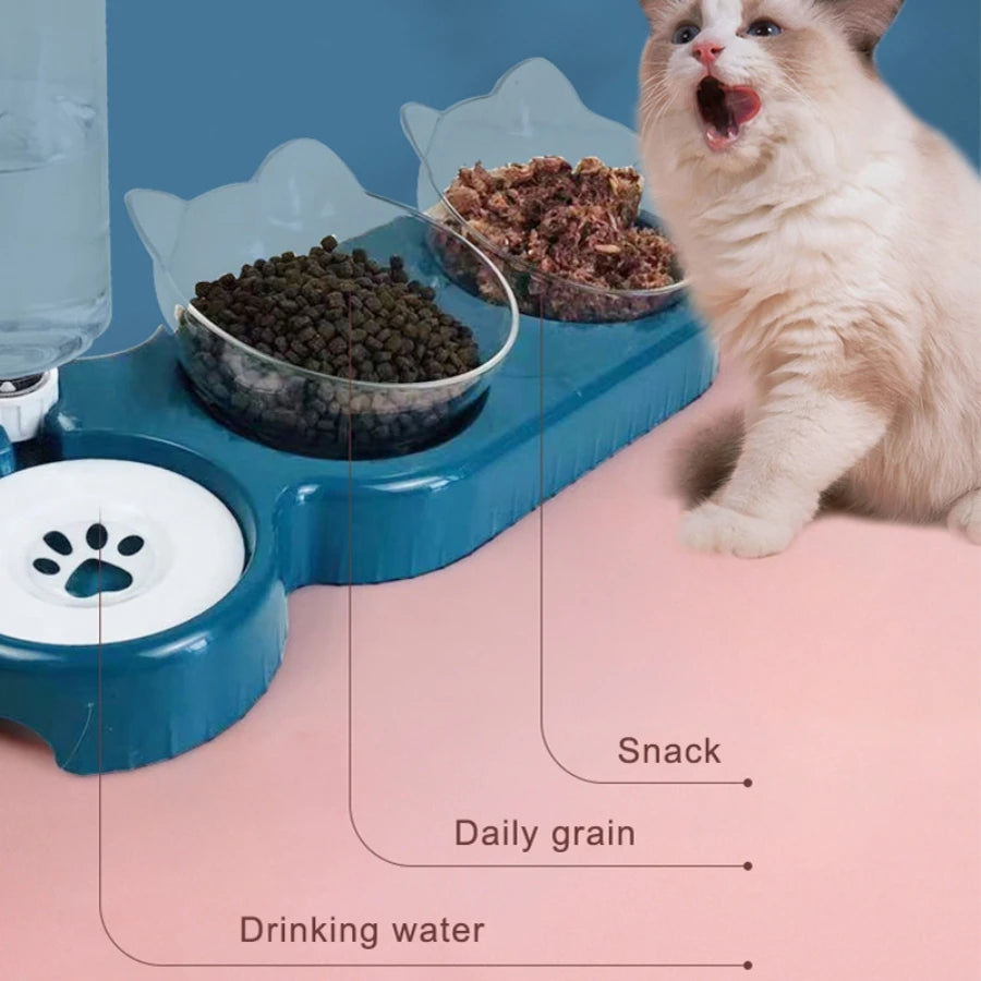 Cat Food Bowl Automatic Feeder 2 in 1 Eating Drinking Water